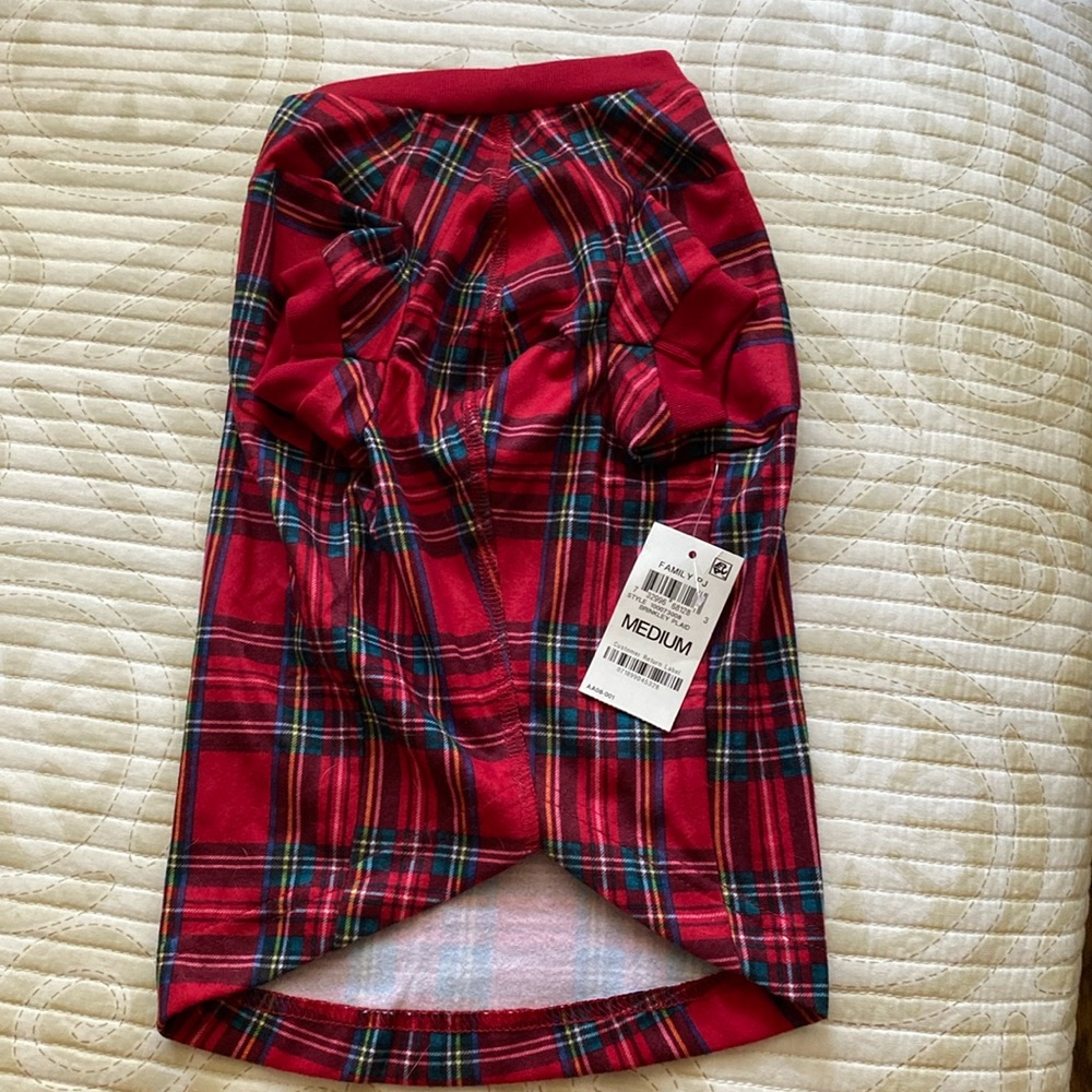Family dog Plaid Pajamas Size says Pet M. Best to measure your pet.